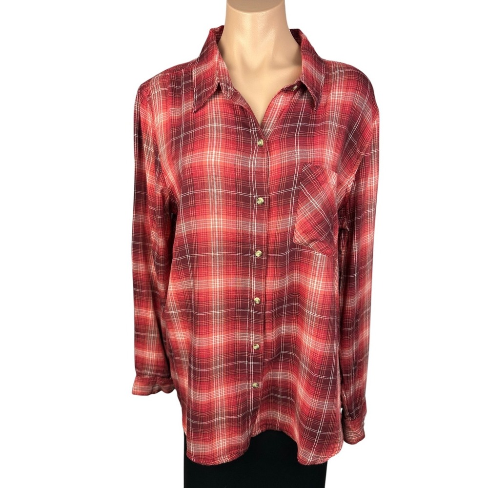 Lucky Brand Sz L Womans Blouse Shades of Red & White Plaid Collared Button Front